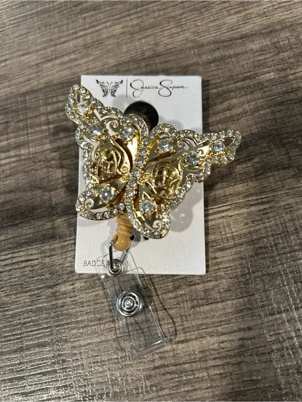 Jessica Simpson Gold and Clear Crystal Butterfly Badge Reel